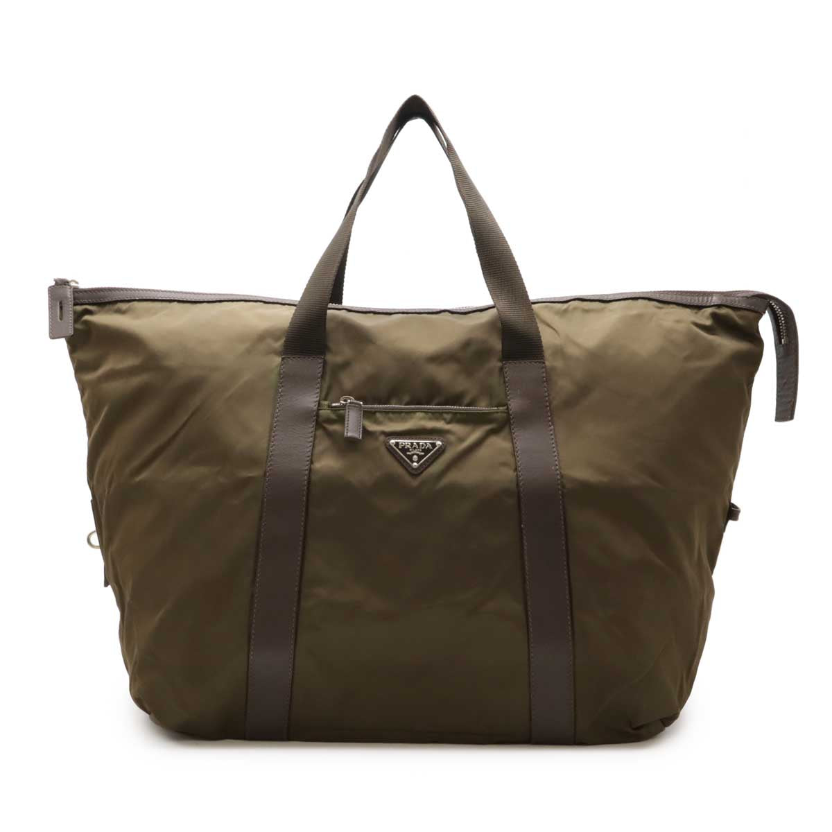 Prada Nylon Leather Triangle Logo Boston Bag Travel Bag V49Z